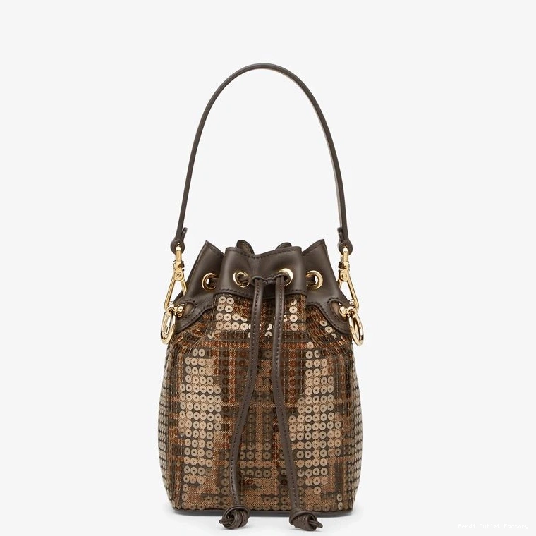 HOT Bag Fabric Motif Bucket Sequins Brown Mon with FF Mini In Fendi Tresor 0721